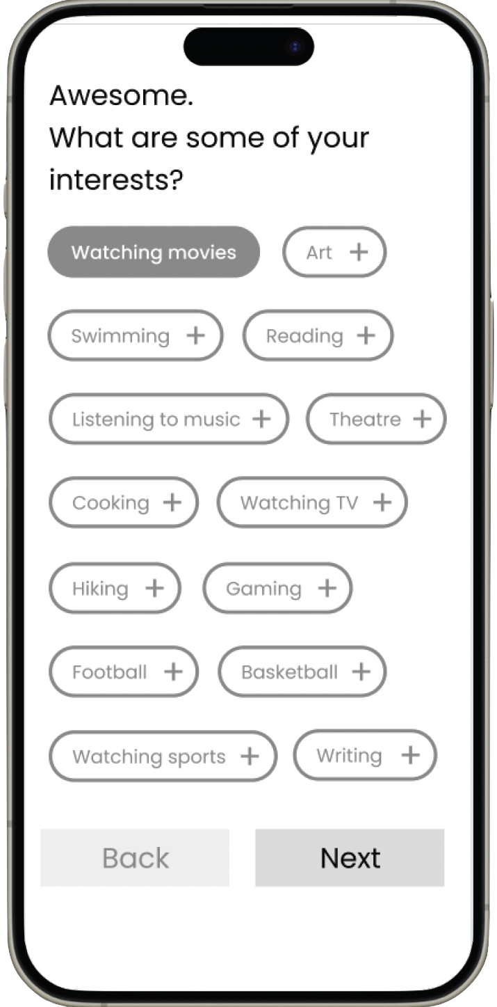 Mid-fidelity prototype: interests selection screen