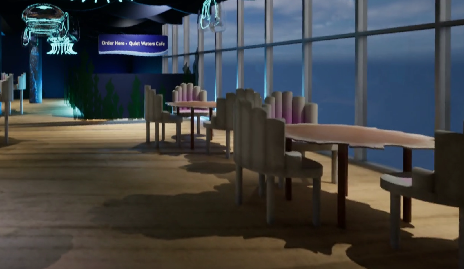Coral tables overlooking harbor view